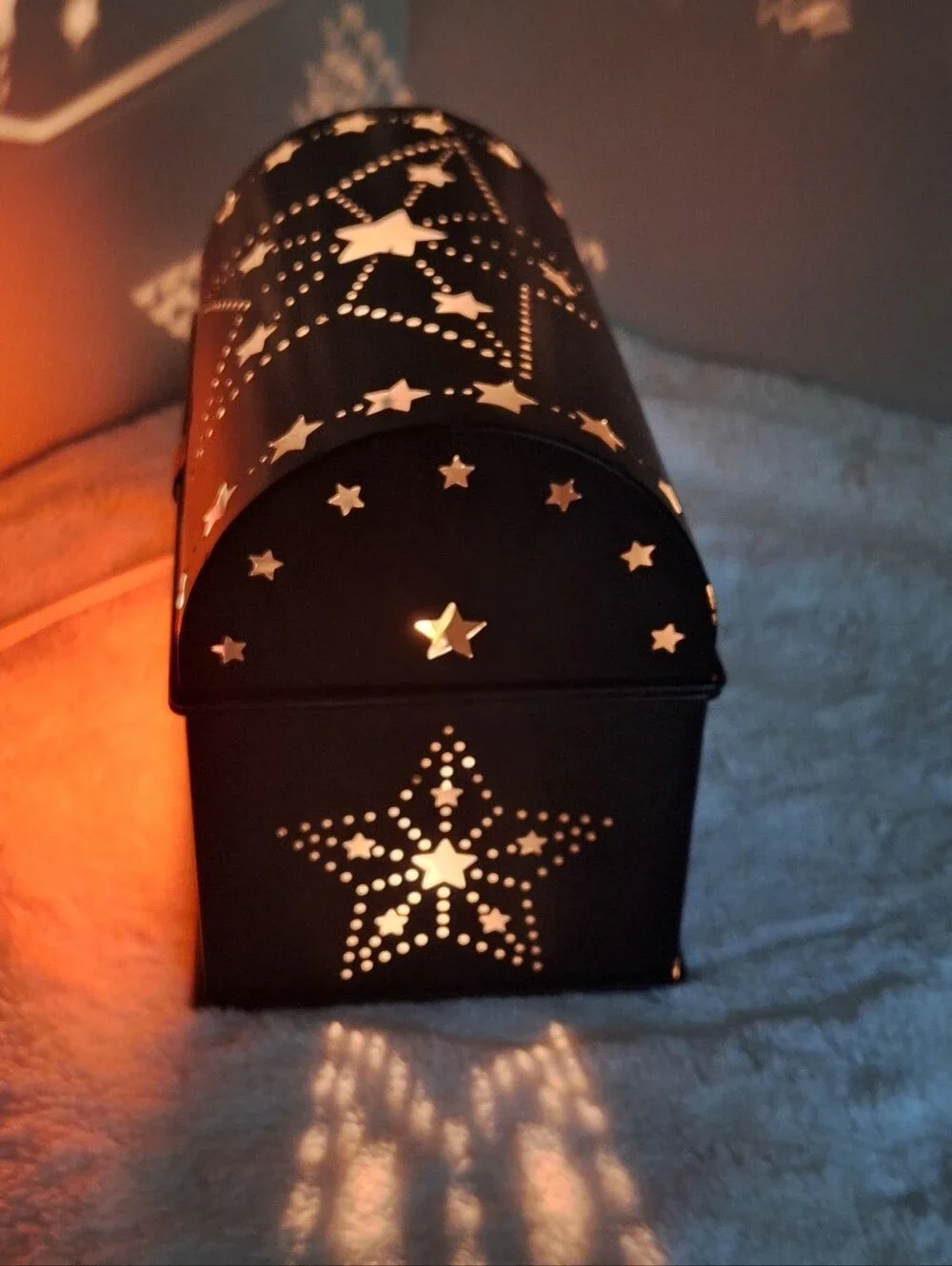 Rustic Black Punched Tin Accent/Nightlight Etched Glass Stars Primitive Decor